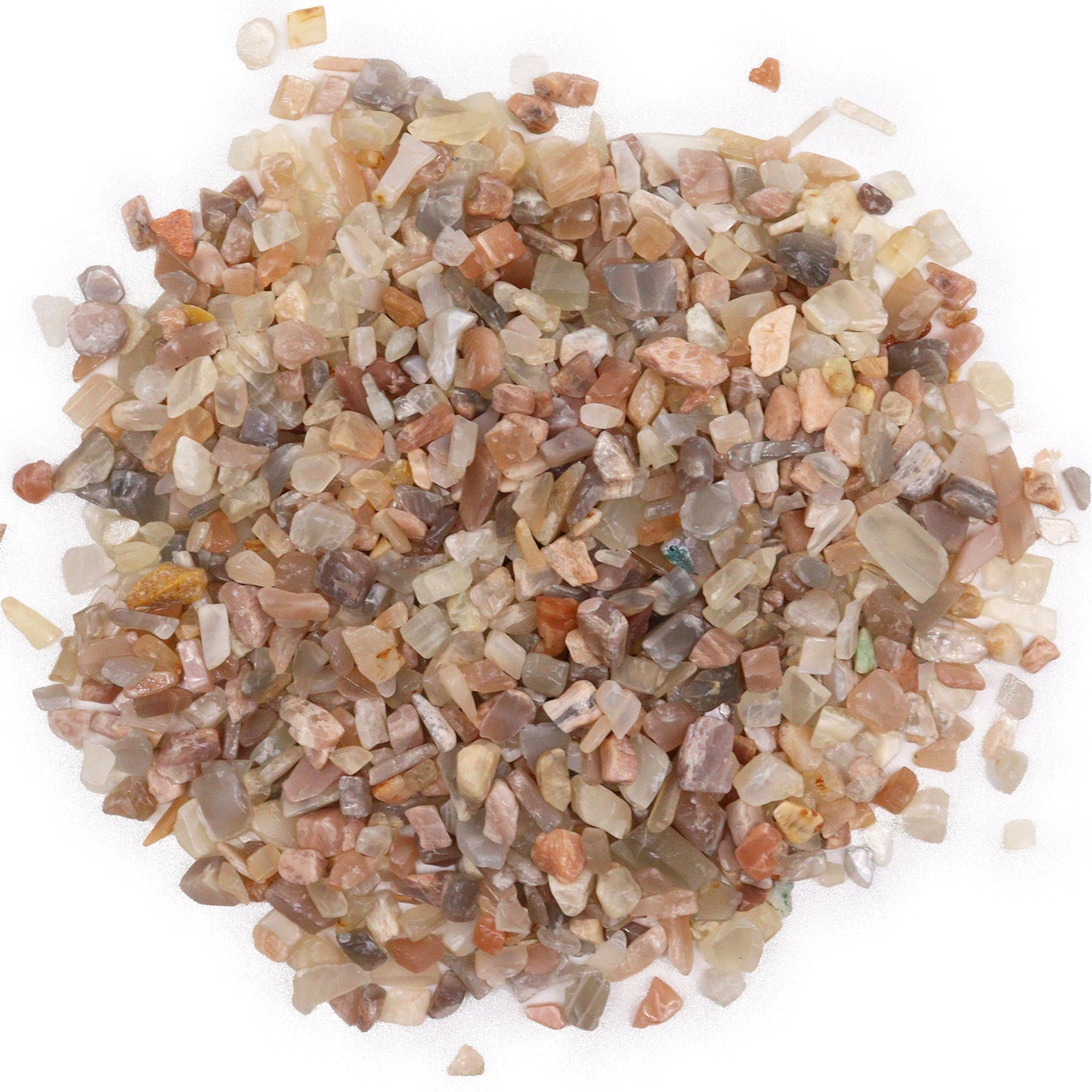 Natural moonstone gemstone chips in various shades of beige, brown, and cream from SGI Online SGI Online