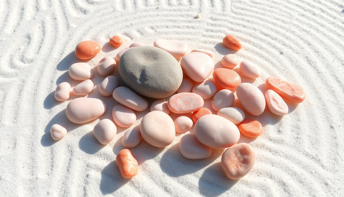 Smooth stones for the garden arranged on white sand with patterns in the background
