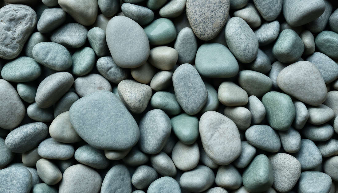Smooth Japanese Pebbles Stones in various shades of gray and green filling the frame