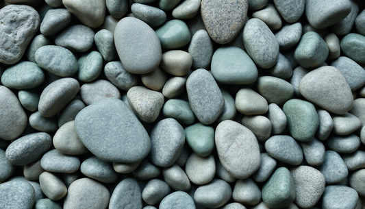 Smooth Japanese Pebbles Stones in various shades of gray and green filling the frame