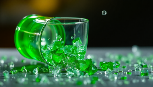 Green glass chippings spilled from a clear container illustrating how to choose the perfect glass chippings for your garden