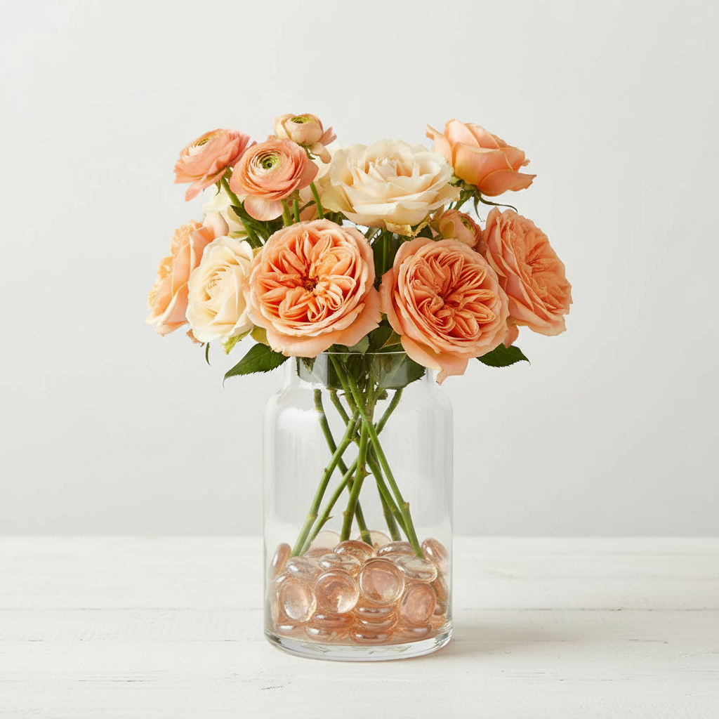 Clear glass vase filled with 20kg peach glass pebbles holding peach and cream-colored flowers SGI Online