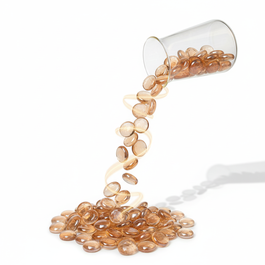 STONED 20kg peach glass pebbles pouring from a clear cup to a smooth pile on white background SGI Online