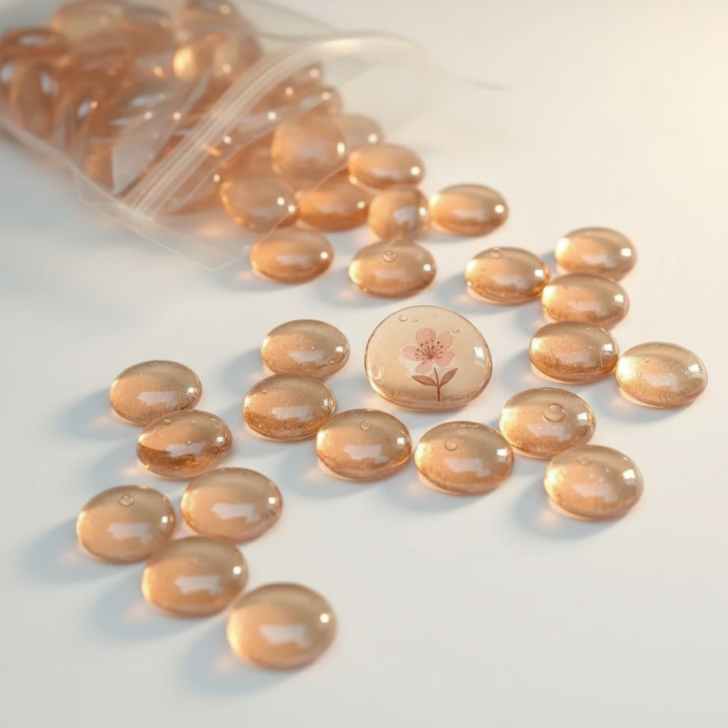 STONED 20kg peach glass pebbles scattered on white surface with one pebble featuring a flower design