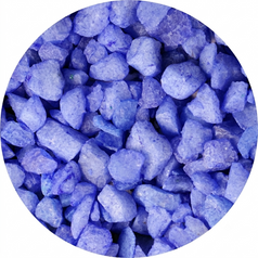 A circular close-up of coarse blue frost decorative gravel or pebbles on a white background.