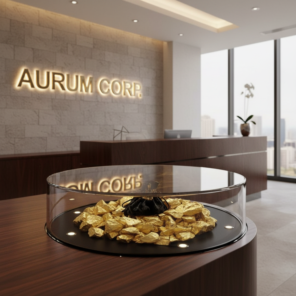 Gold quartz crystal chippings displayed under glass on wooden table in modern office reception SGI Online