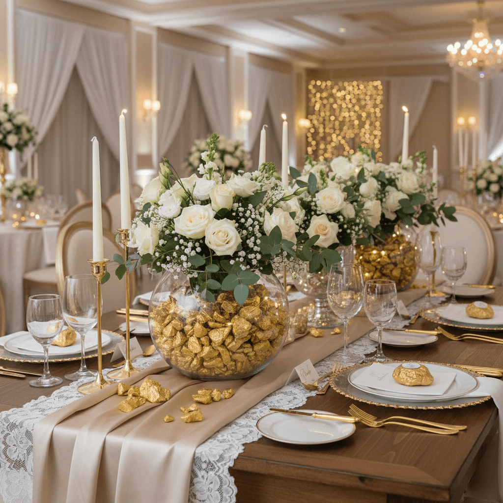 Elegant table setting with white roses in vases filled with gold quartz crystal chippings by SGI Online SGI Online