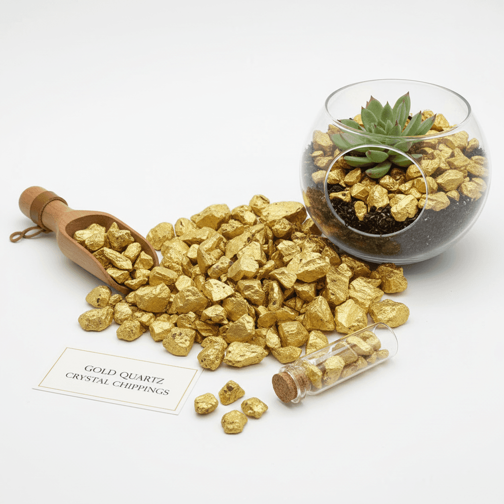 Gold quartz crystal chippings displayed with wooden scoop and succulent plant in glass pot