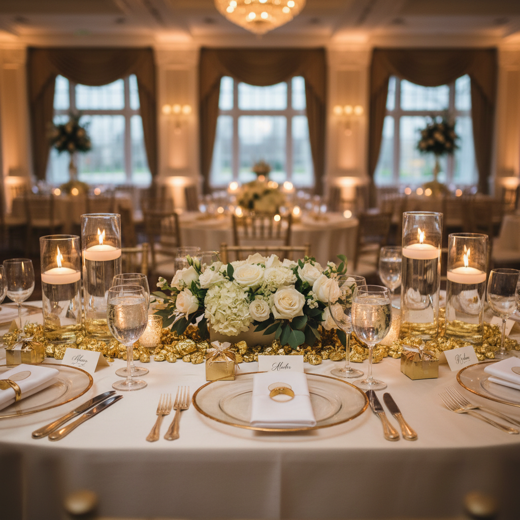 Elegant table setting decorated with gold quartz crystal chippings and white floral centerpiece
