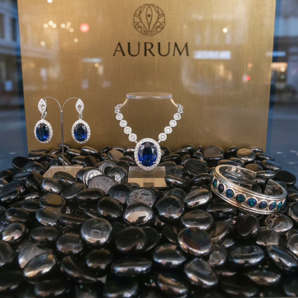 Black mirror glass pebbles by STONED displayed with luxury blue gemstone jewelry in Aurum showcase