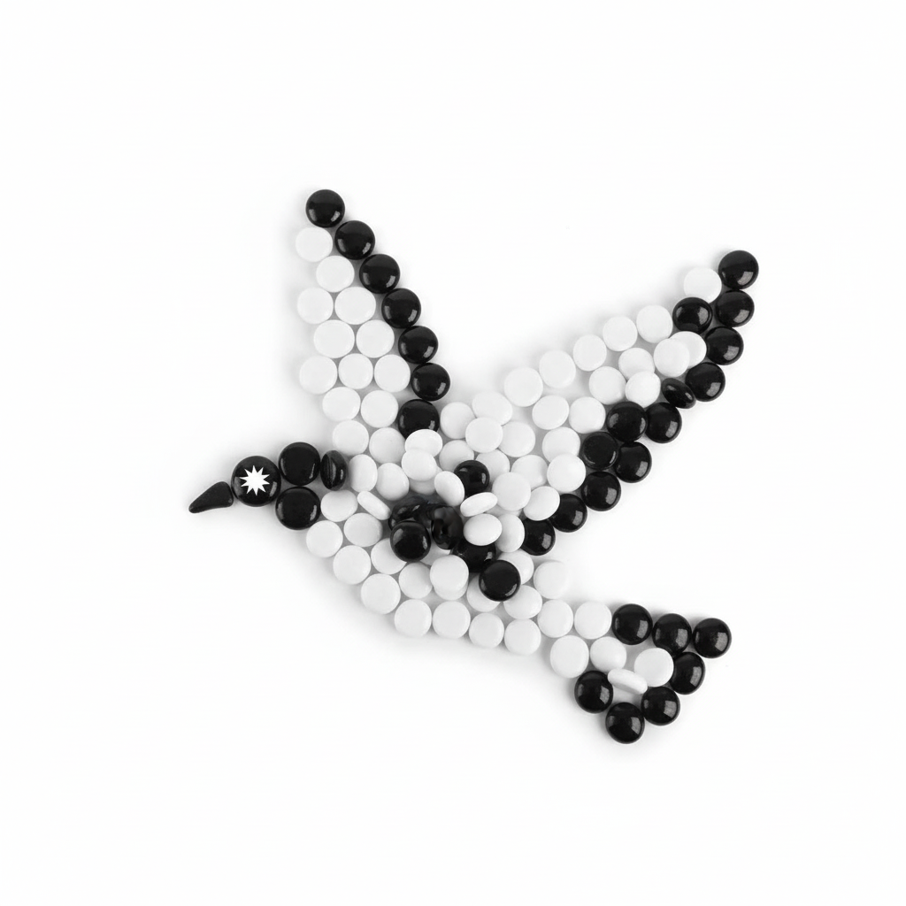 STONED black and white glass pebbles arranged in the shape of a flying bird on white background SGI Online