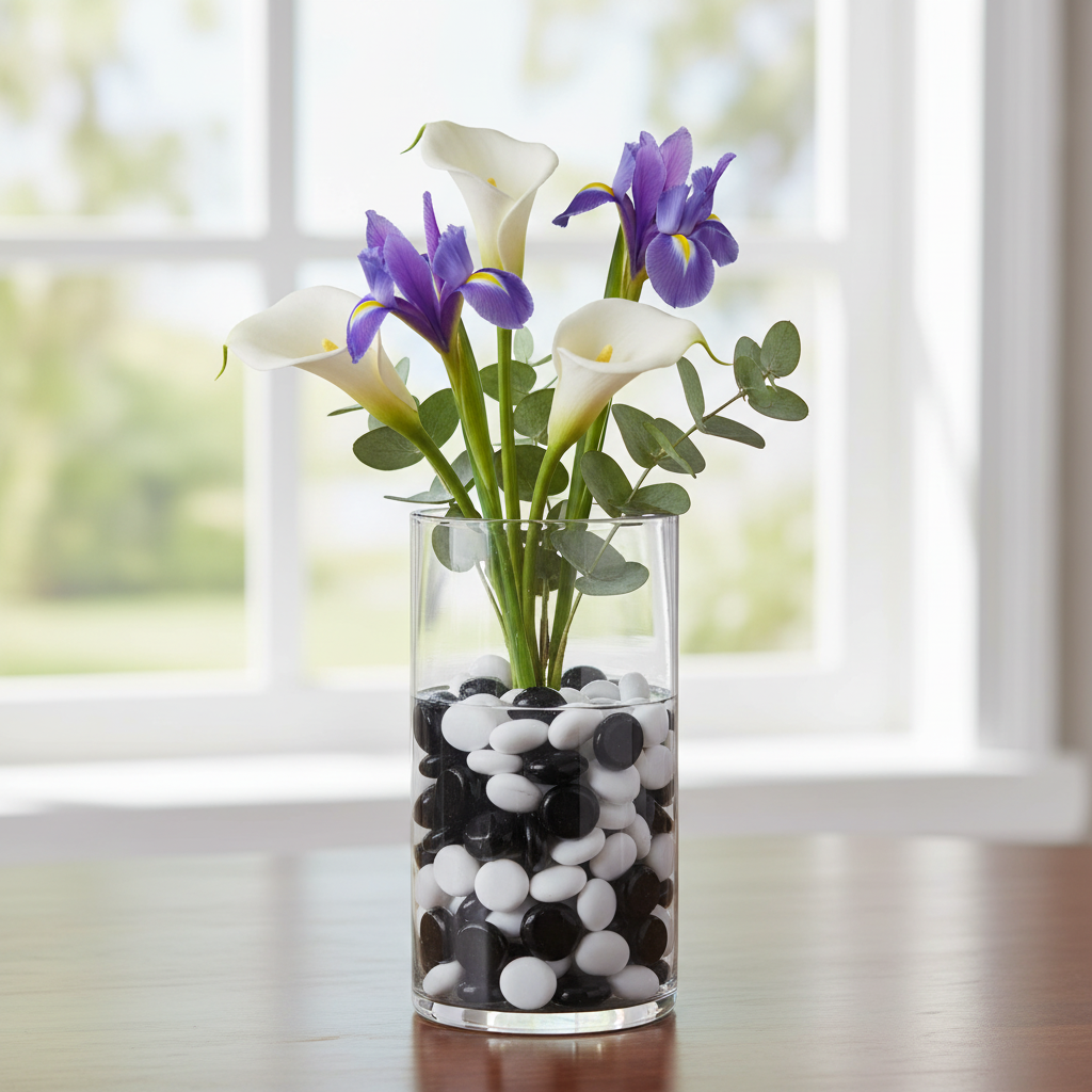 Clear glass vase filled with black and white glass pebbles from STONED with purple and white flowers