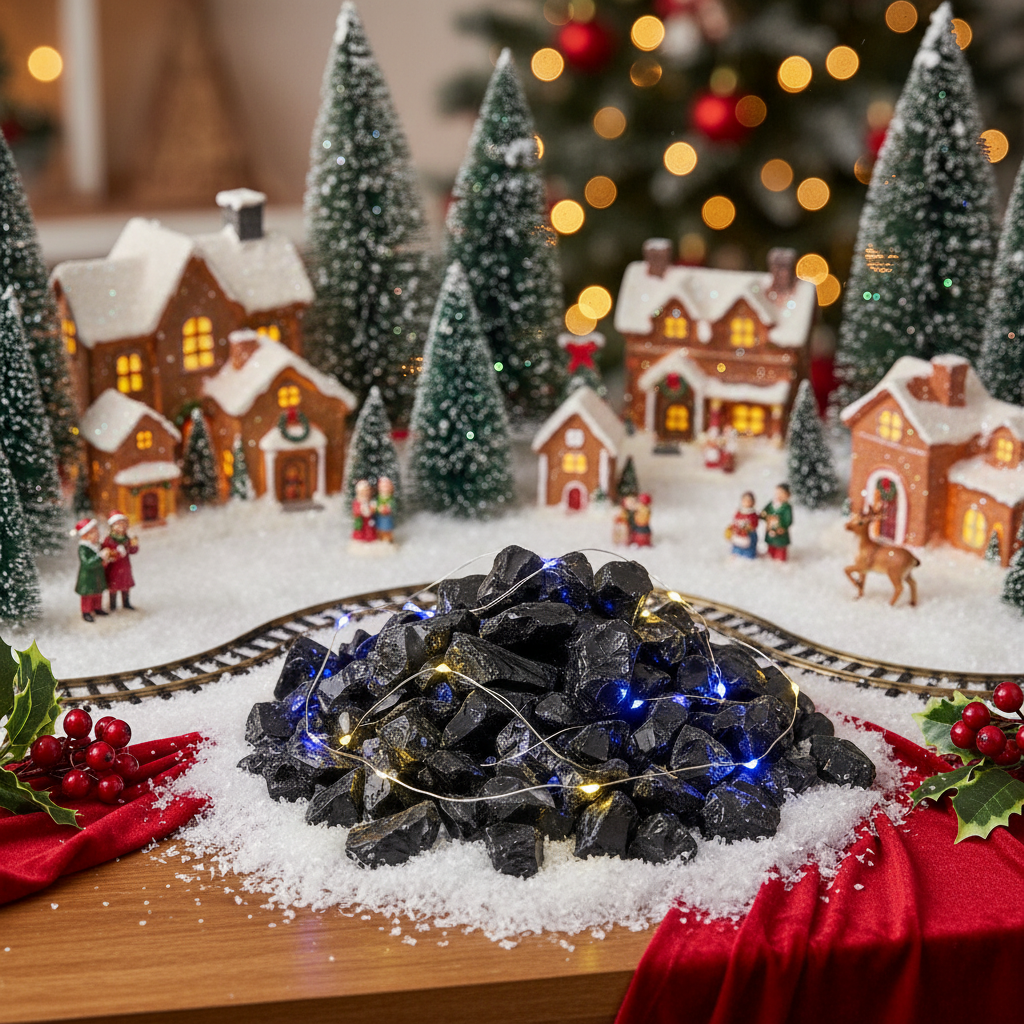 STONED black glass chippings 20kg pile decorated with lights in a festive holiday scene SGI Online