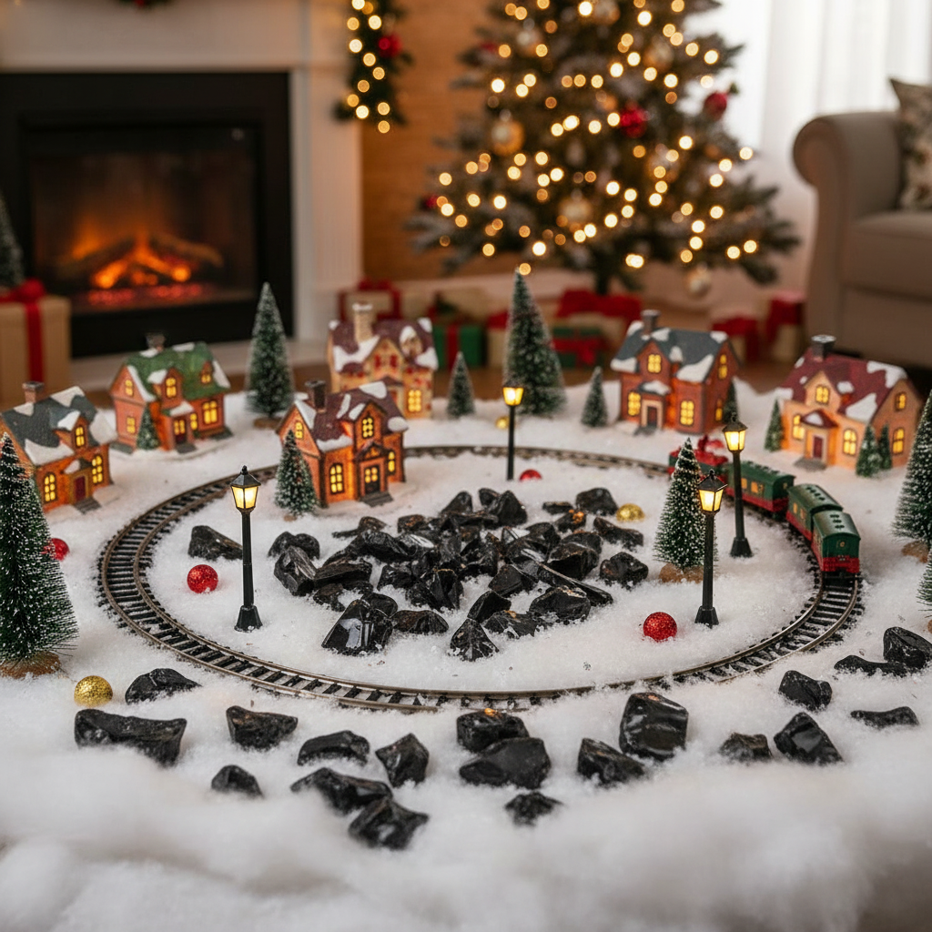 Black glass chippings 20kg arranged as decorative stones on a winter model train set with miniature houses and trees