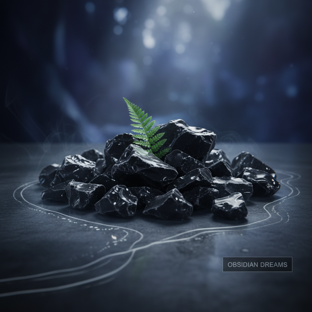 Pile of black glass chippings 5kg from STONED with shiny surface and small green fern leaf accent