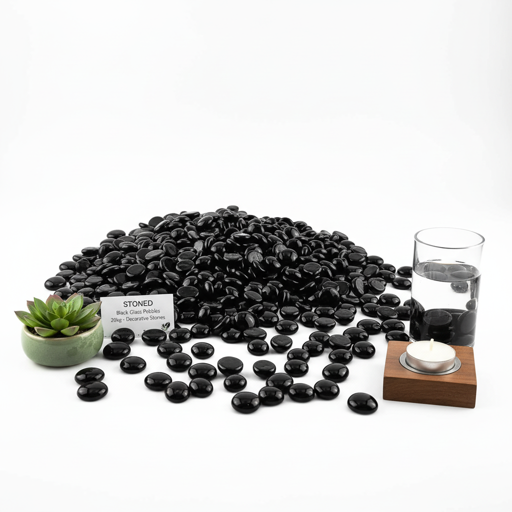 Black glass pebbles 20kg from STONED with decorative setup including succulent, tealight, and glass of water SGI Online