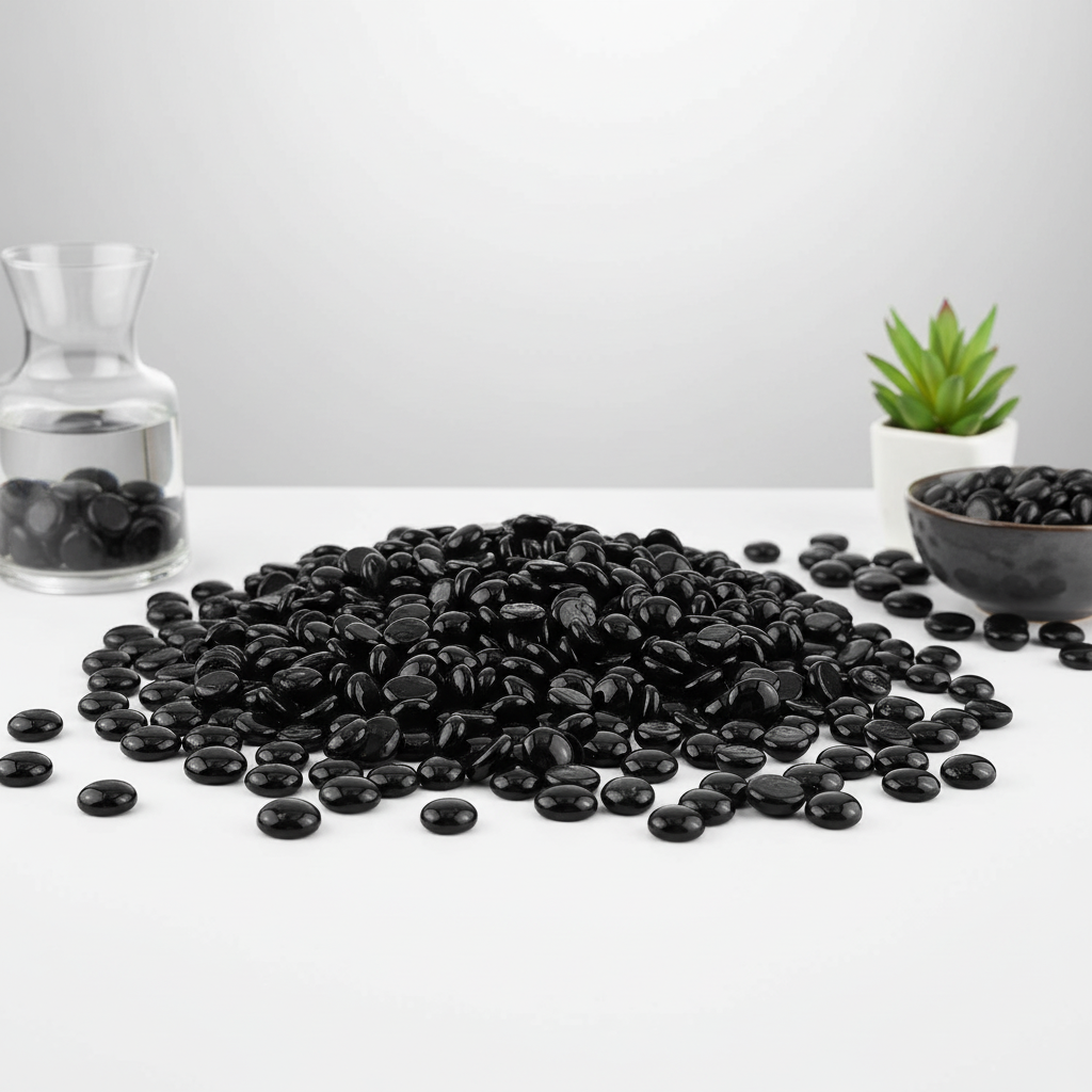 STONA black glass pebbles 20kg pile with some in clear vase and black bowl on white surface SGI Online