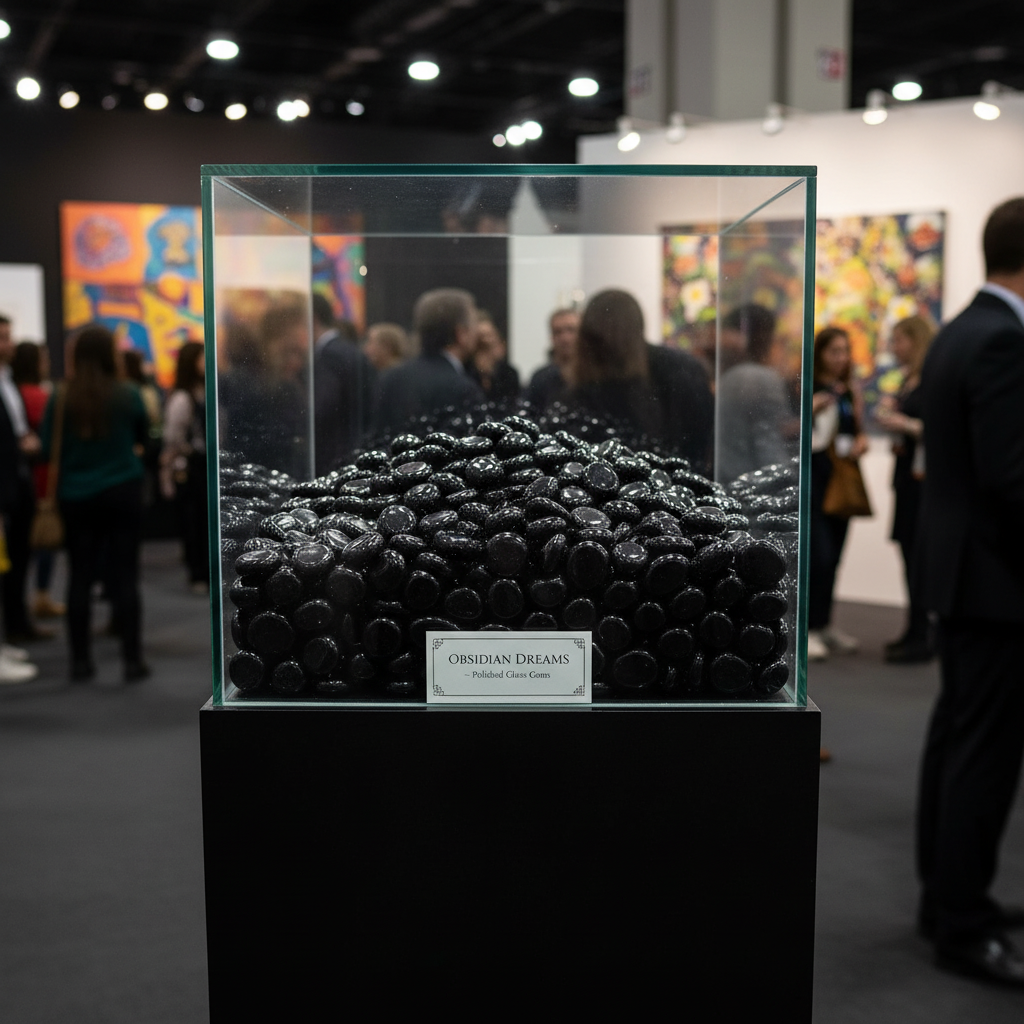 STONED black glass pebbles 20kg displayed in a glass case for decorative use