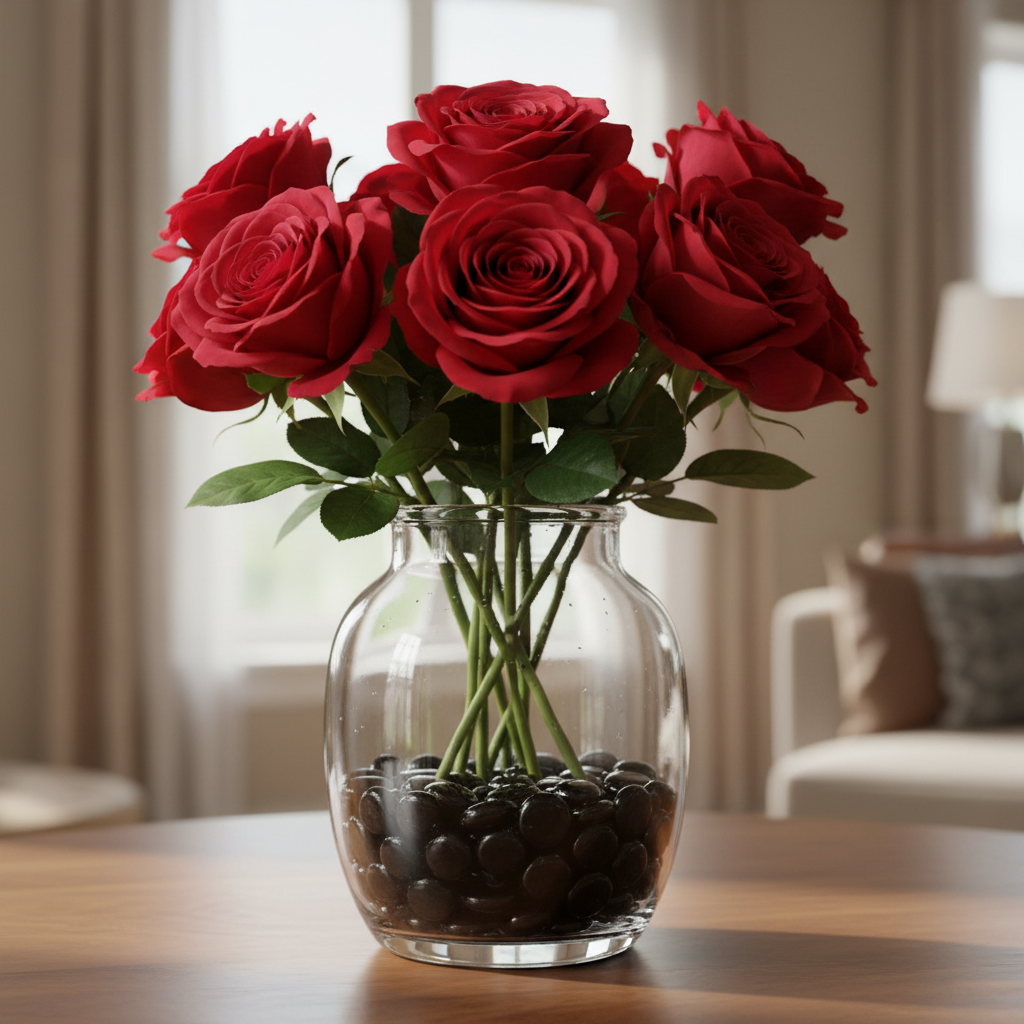 Clear vase with red roses arranged in black glass pebbles by STONED on wooden table