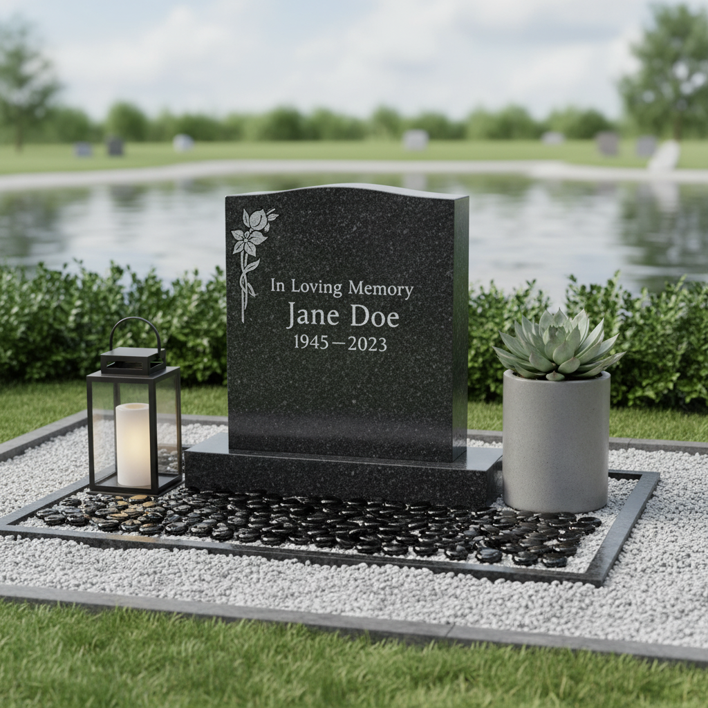 Memorial gravestone surrounded by black glass pebbles from STONED with candle lantern and potted succulent