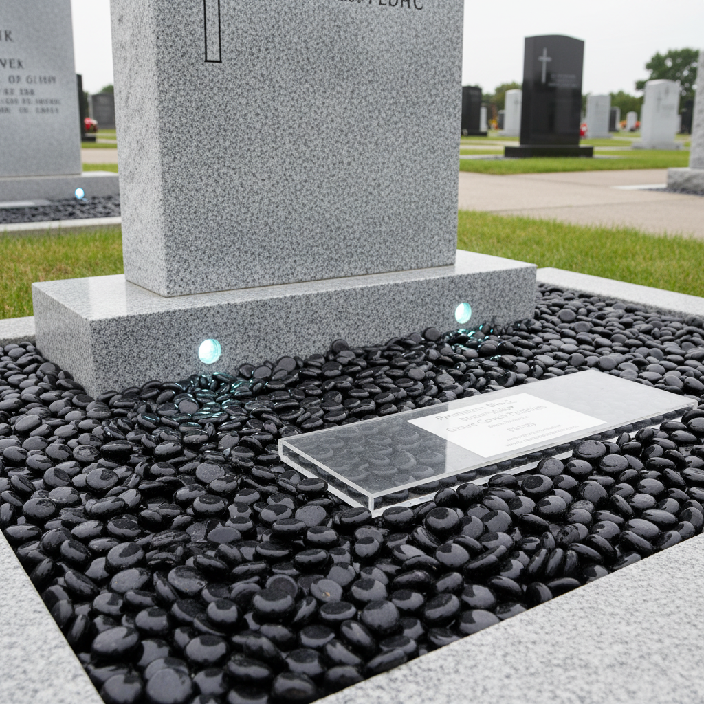 STONED black glass pebbles surrounding a gray granite tombstone with small ground lights