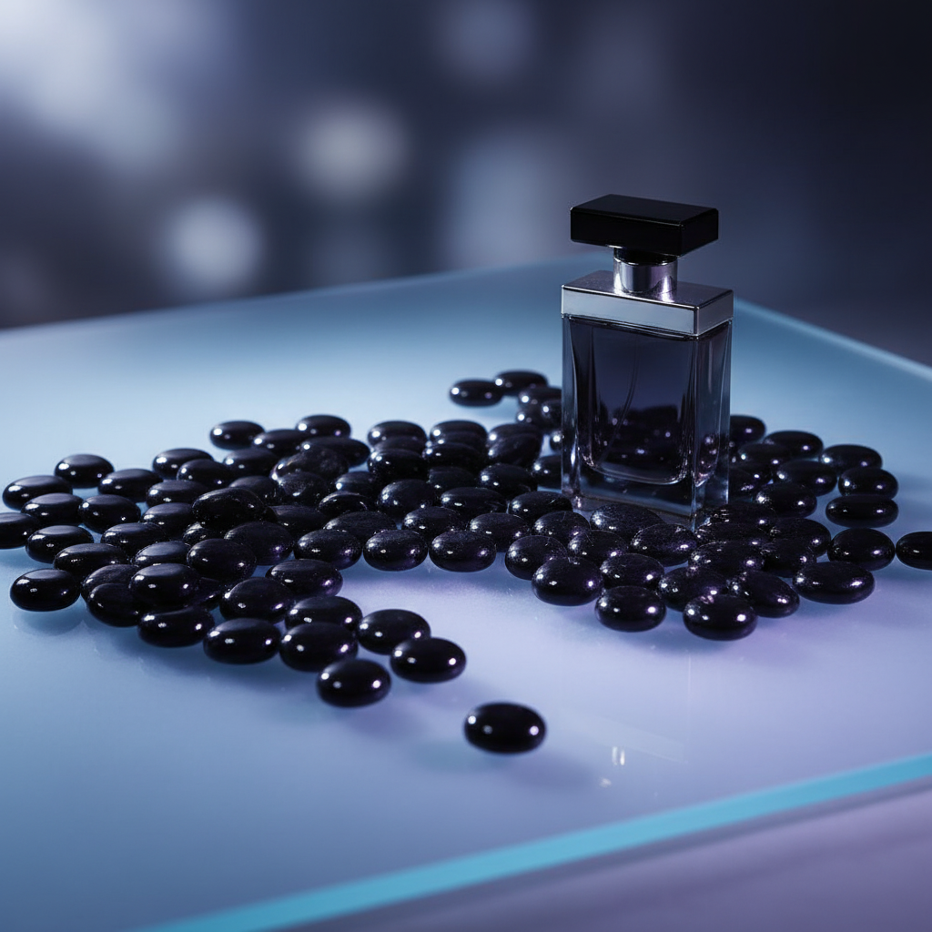 STONED black glass pebbles scattered on a reflective surface with a sleek black perfume bottle