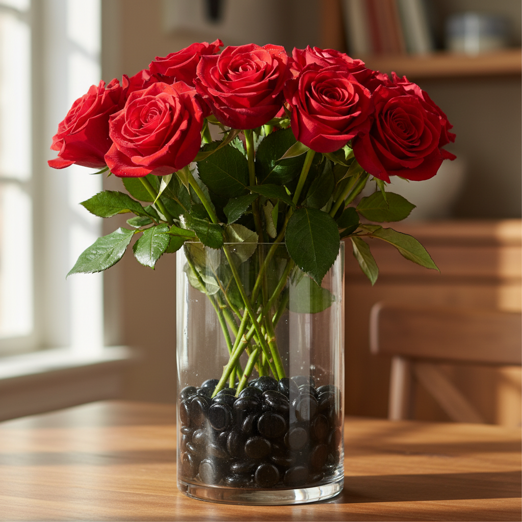 Clear vase filled with black glass pebbles holding a bouquet of red roses on a wooden table