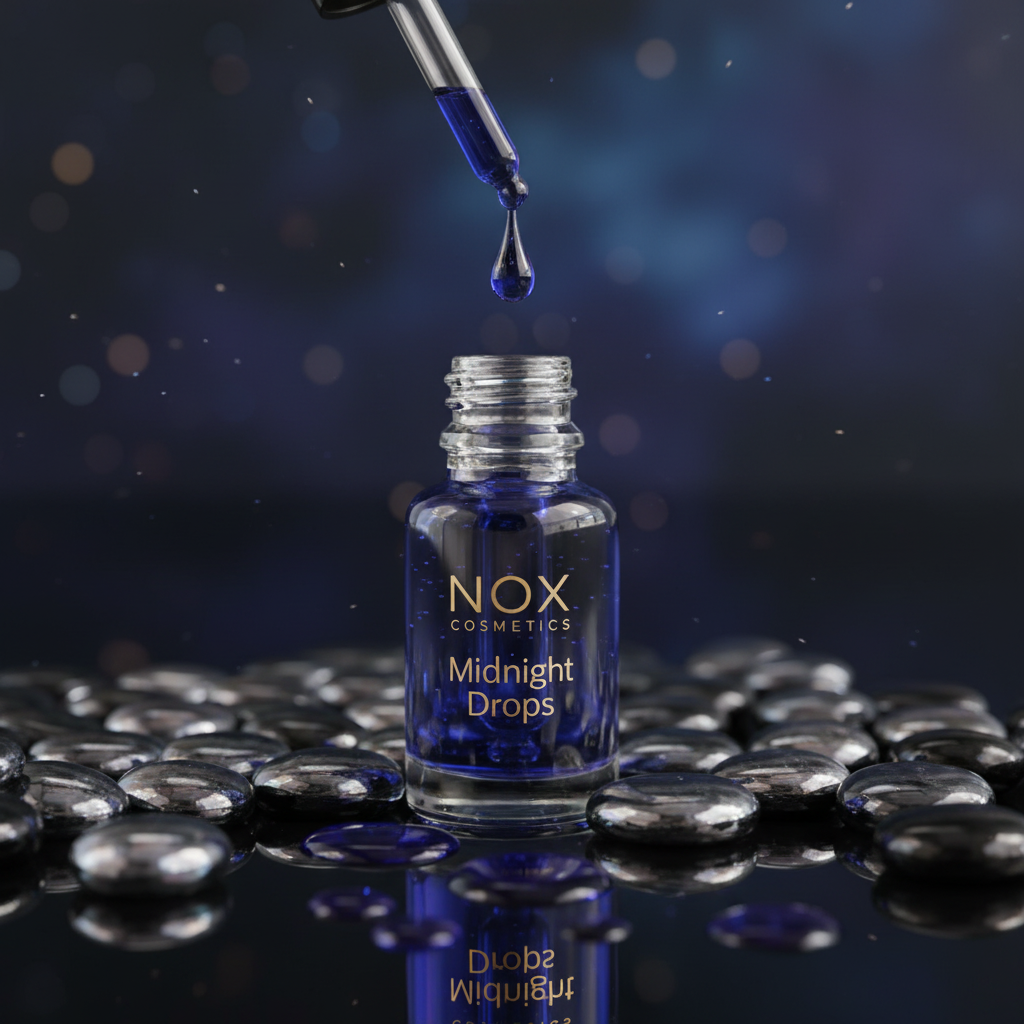 STONED black mirror glass pebbles surrounding a bottle of NOX Cosmetics Midnight Drops on reflective surface