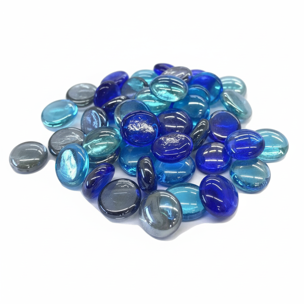 STONED blue and grey glass gems arranged in a pile showcasing smooth glossy glass pebbles