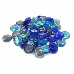 STONED blue and grey glass gems arranged in a pile showcasing smooth glossy glass pebbles