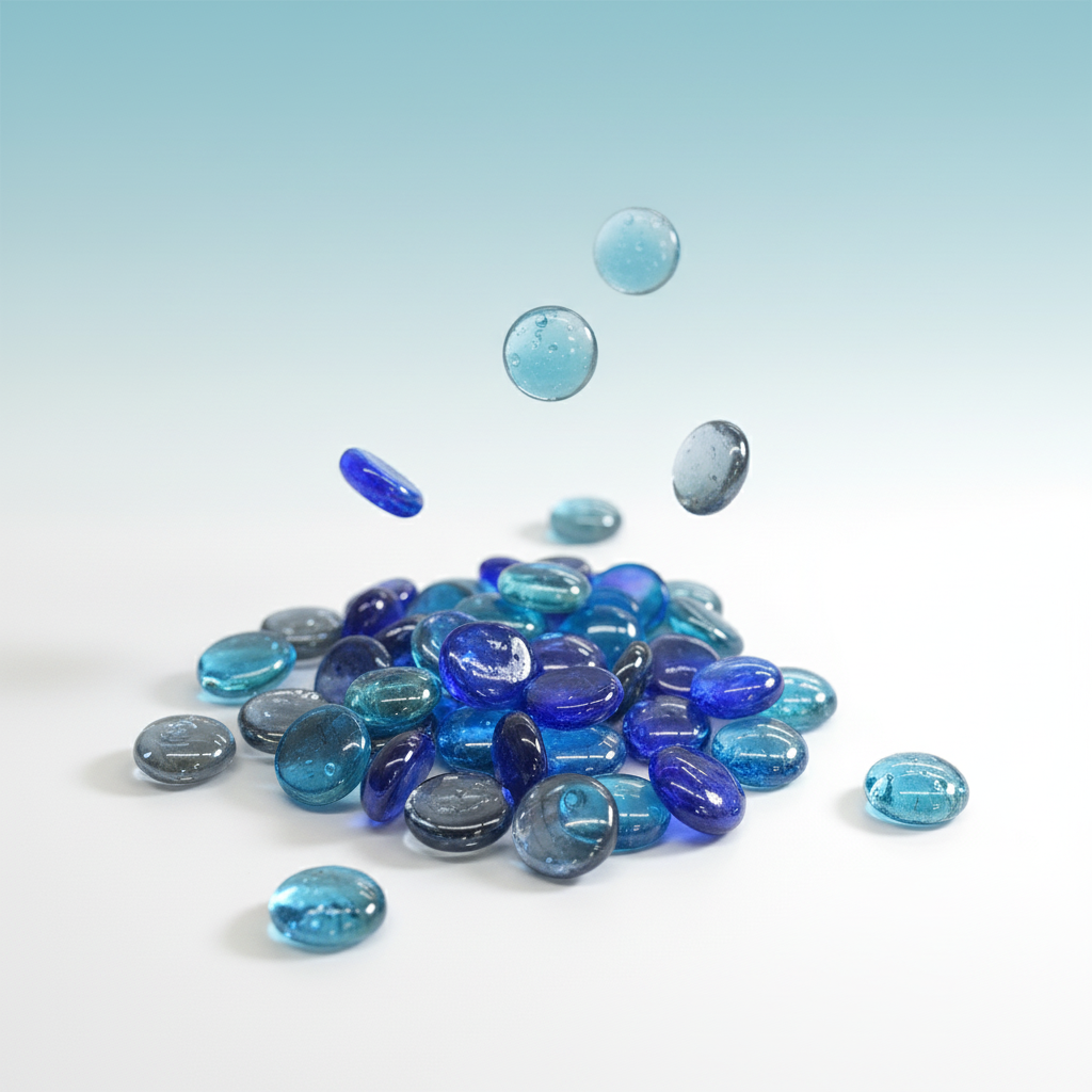 STONED blue and grey glass gems scattered on white surface with some gems falling in motion