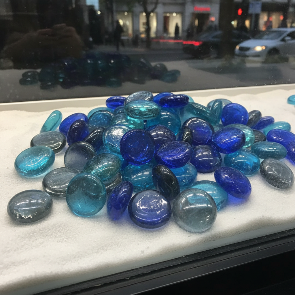 STONED glass pebbles in blue and grey glass gems on white surface for decorative use