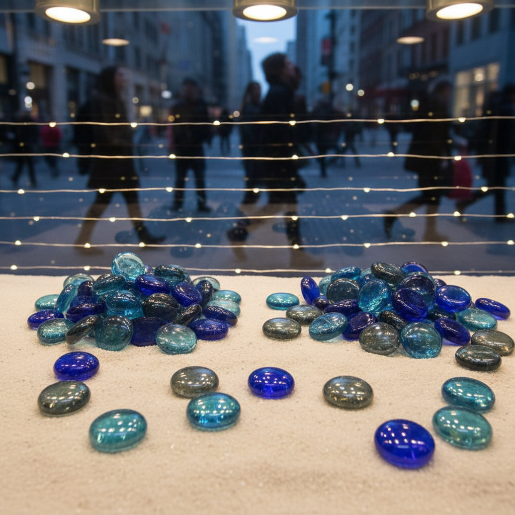 Blue and grey glass gems by STONED stacked on sand with city street background