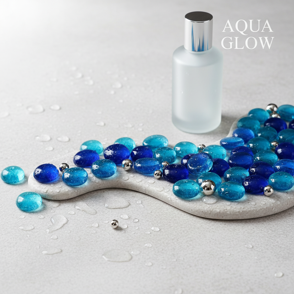 STONED aqua glow blue glass pebbles on white surface with decorative silver beads and frosted bottle
