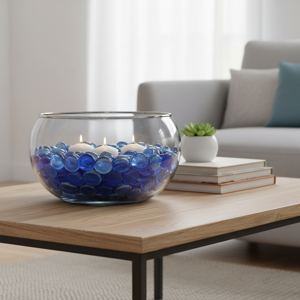 STONED blue glass pebbles bulk in a clear glass bowl with floating candles on a wooden table SGI Online