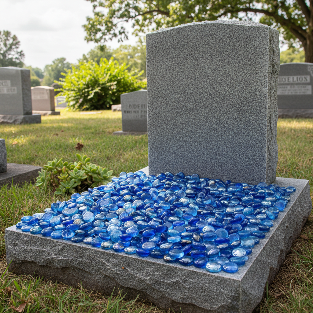STONED blue glass pebbles bulk arranged on a gray granite grave marker base outdoors