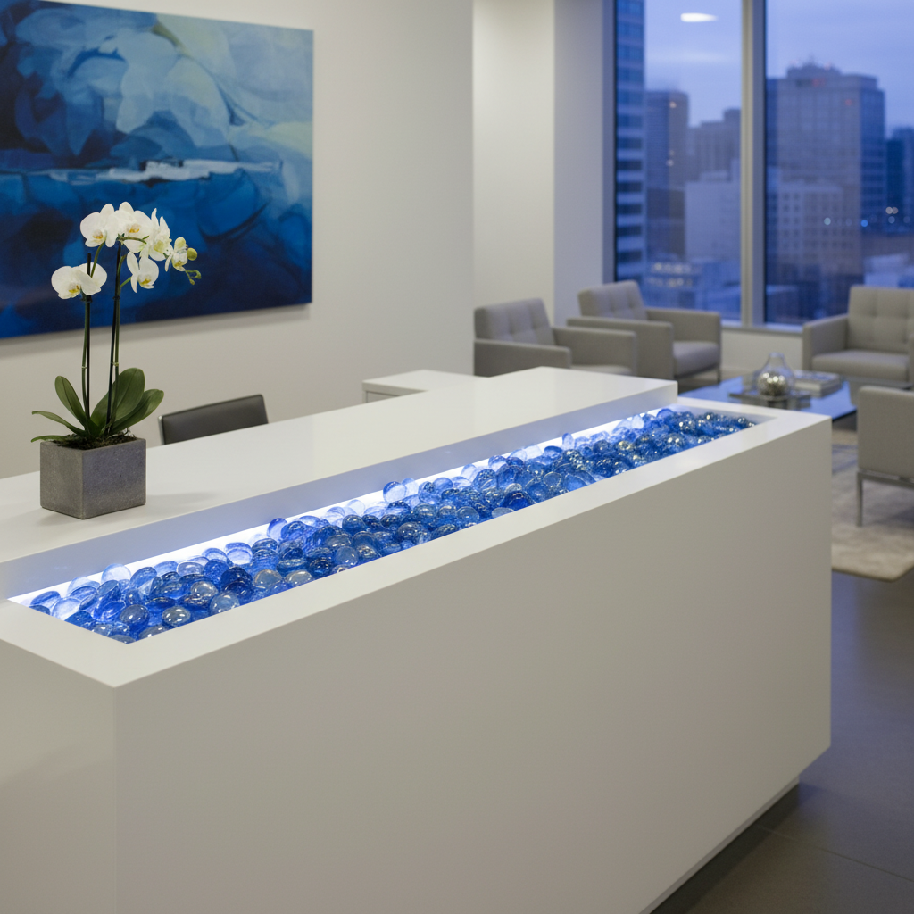 STONED blue glass pebbles bulk displayed in a modern white office reception counter with city view SGI Online