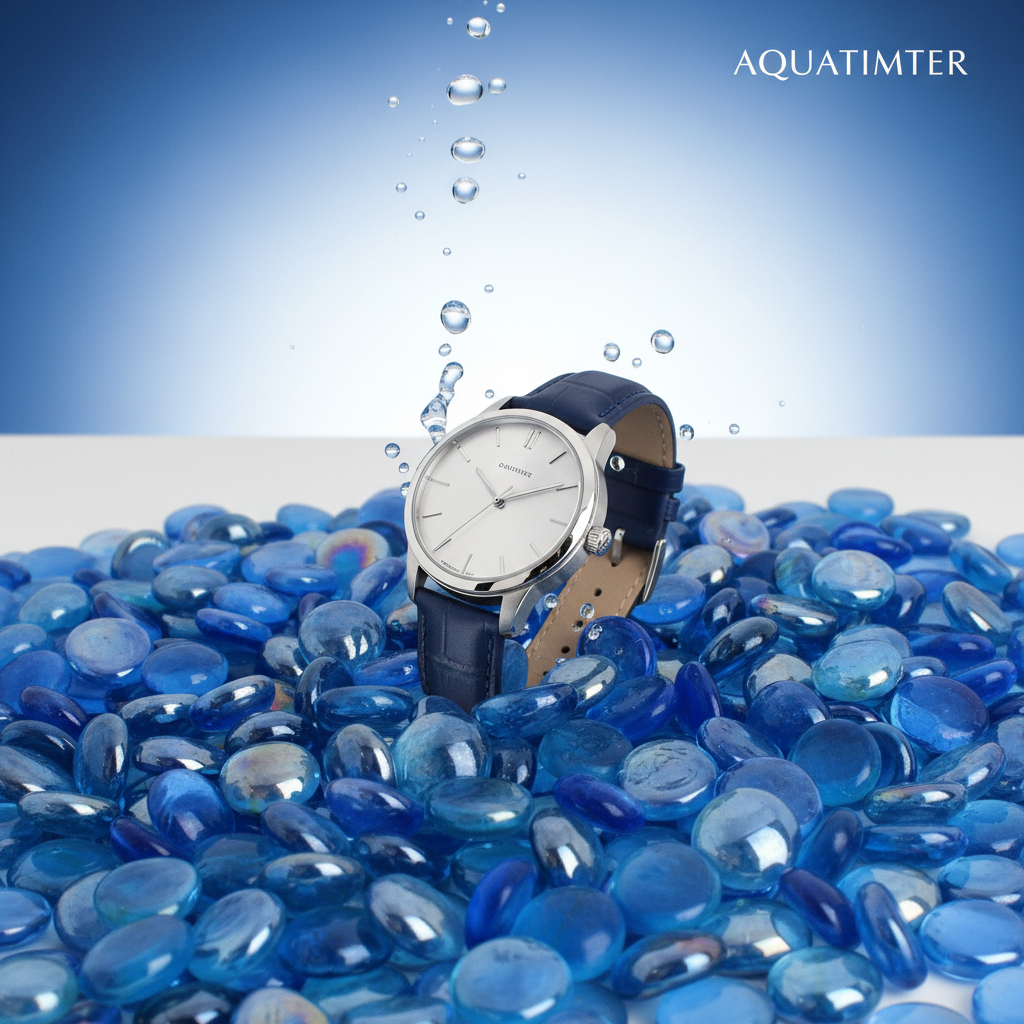 STONED blue glass pebbles bulk with silver wristwatch on top against blue background SGI Online