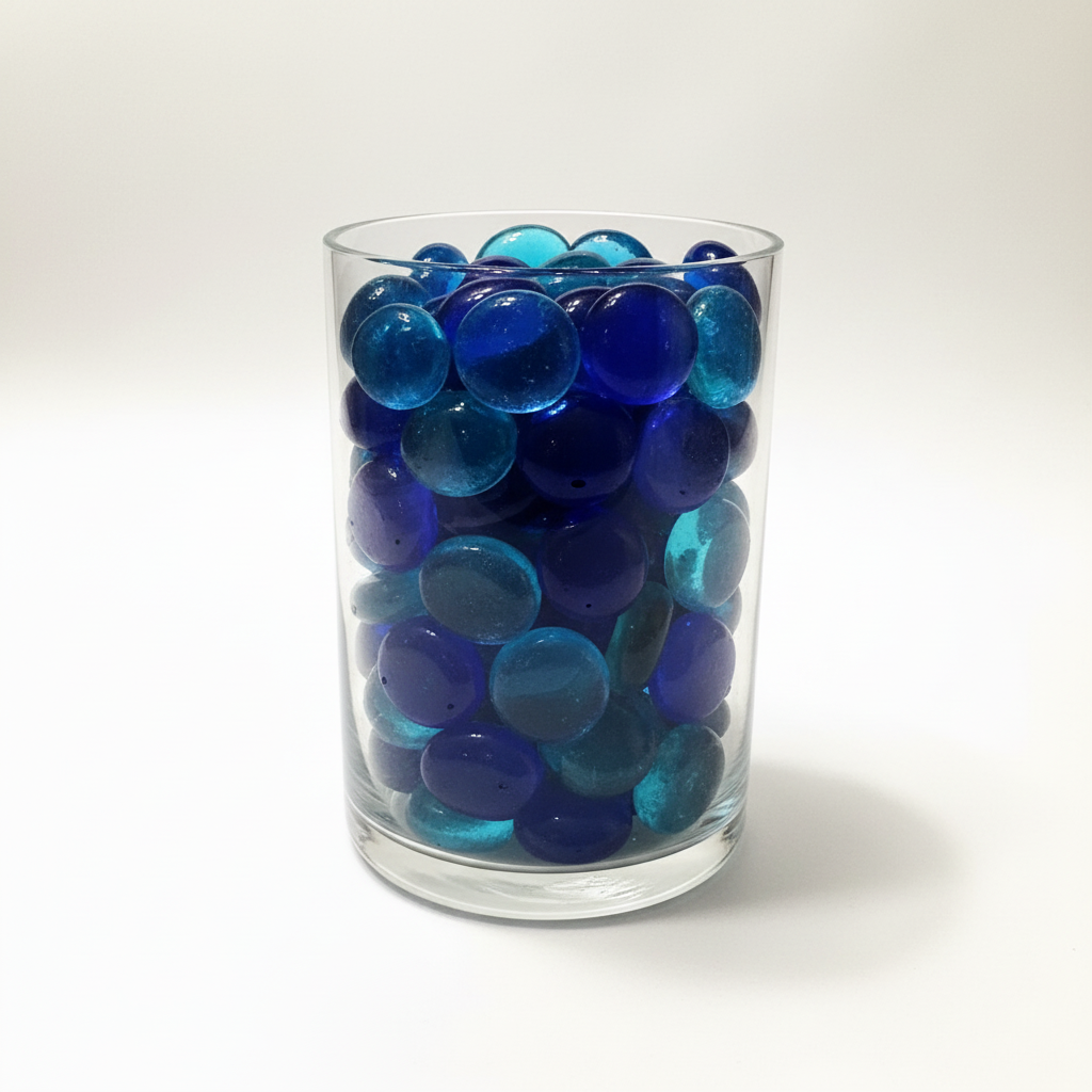 Clear glass container filled with vibrant blue glass pebbles by STONED brand