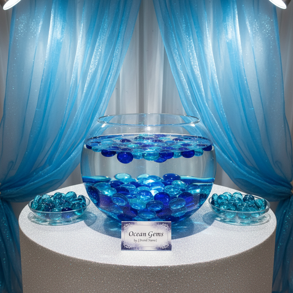 Blue glass pebbles in a round clear fishbowl and small dishes on glittery white table with blue sheer curtains SGI Online