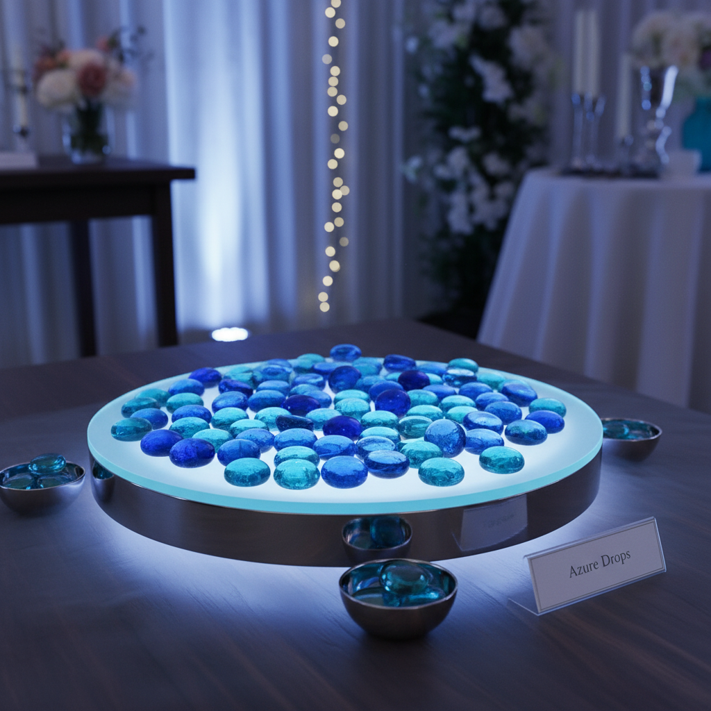 STONED blue glass pebbles displayed on illuminated round tray with decorative bowls on table