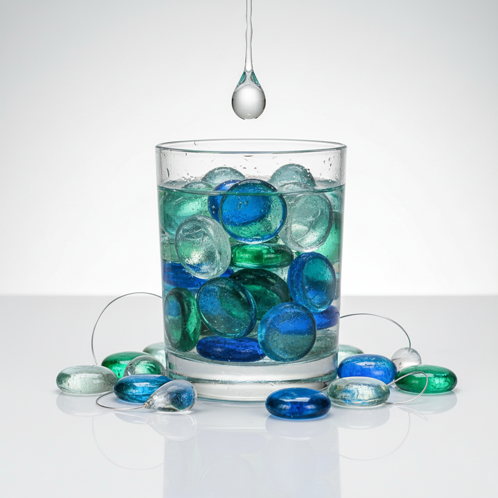 Blue green glass pebbles for garden submerged in a clear glass filled with water and surrounded by more pebbles SGI Online