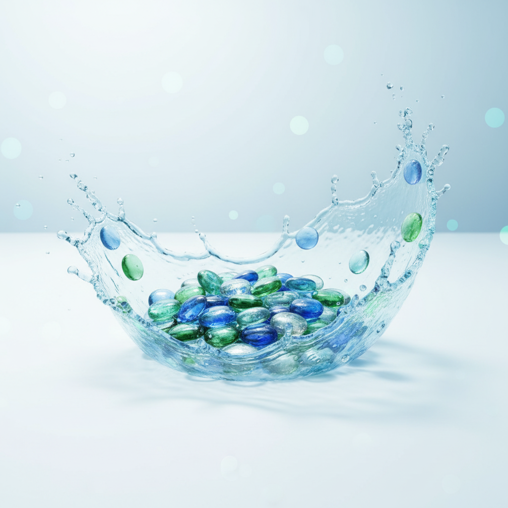 STONED blue green glass pebbles for garden splashing in clear water with light background