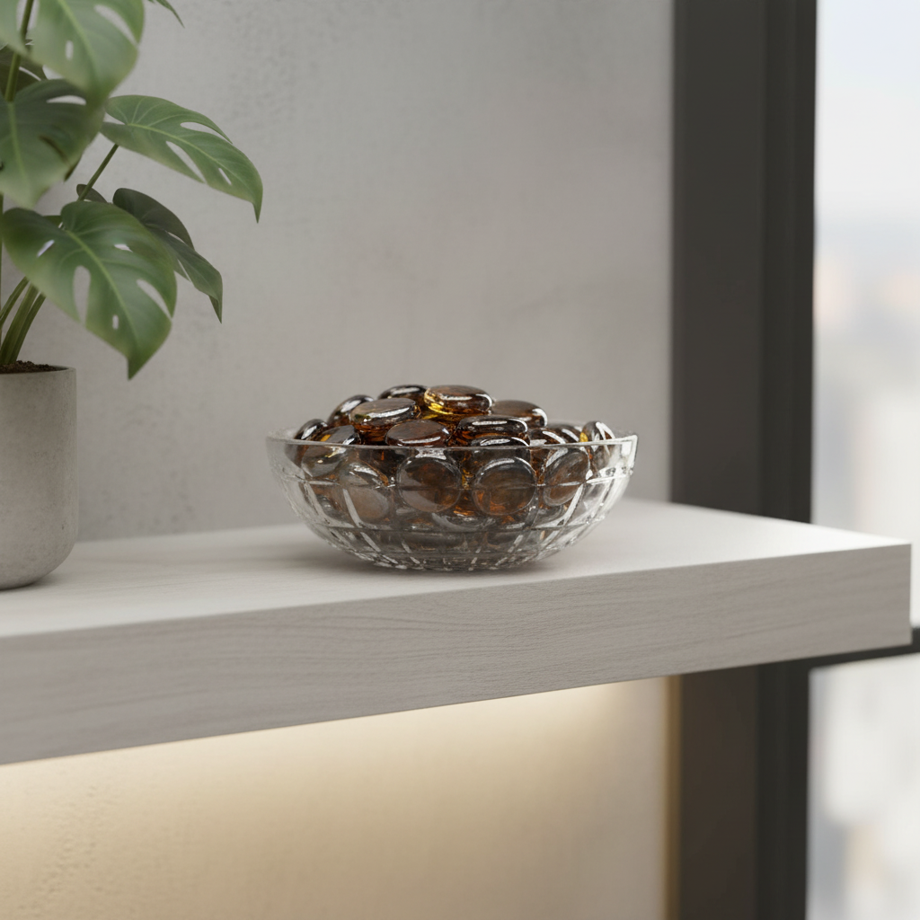Clear bowl filled with brown glass pebbles 20kg displayed on a white shelf next to a green plant SGI Online