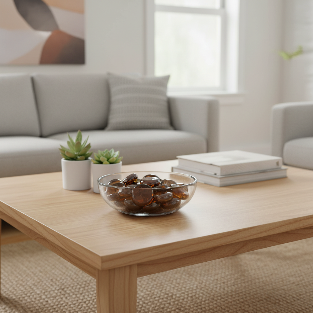 Clear bowl filled with brown glass pebbles 20kg on wooden coffee table in modern living room SGI Online