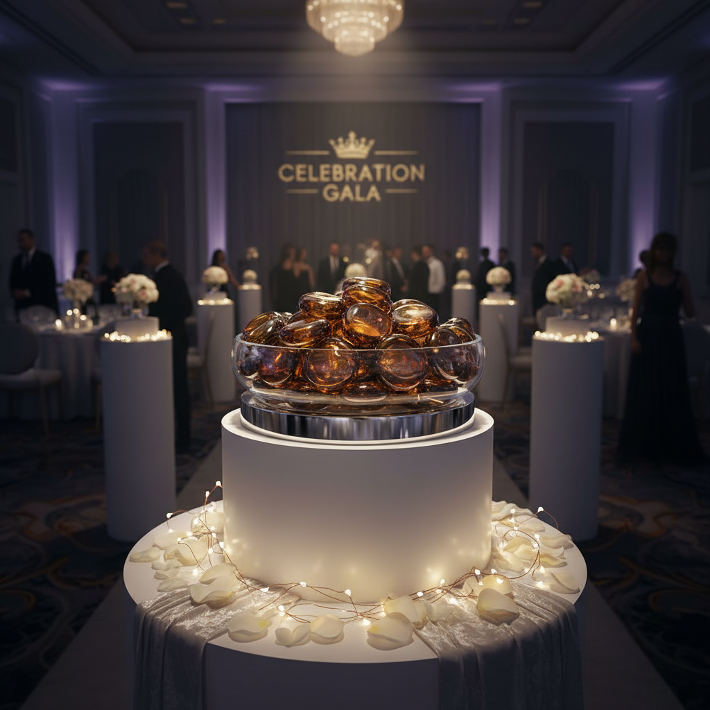 Brown glass pebbles 20kg in a clear bowl displayed on a white pedestal with decorative lights at an elegant gala event SGI Online