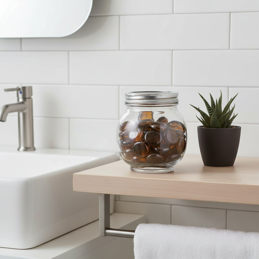 Jar of brown glass pebbles 20kg by STONED on bathroom countertop next to small potted plant