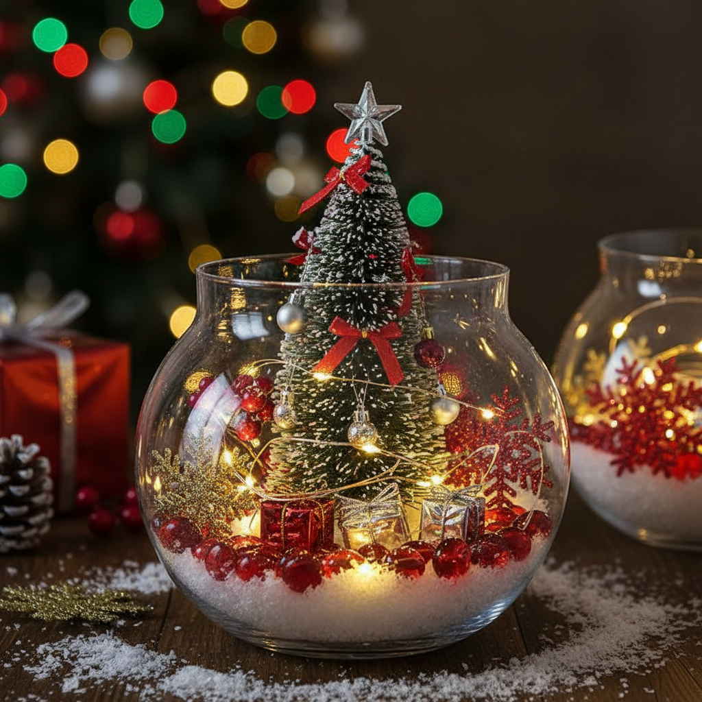 STO NED red glass pebbles bulk used as holiday decor in glass bowl with miniature tree and lights