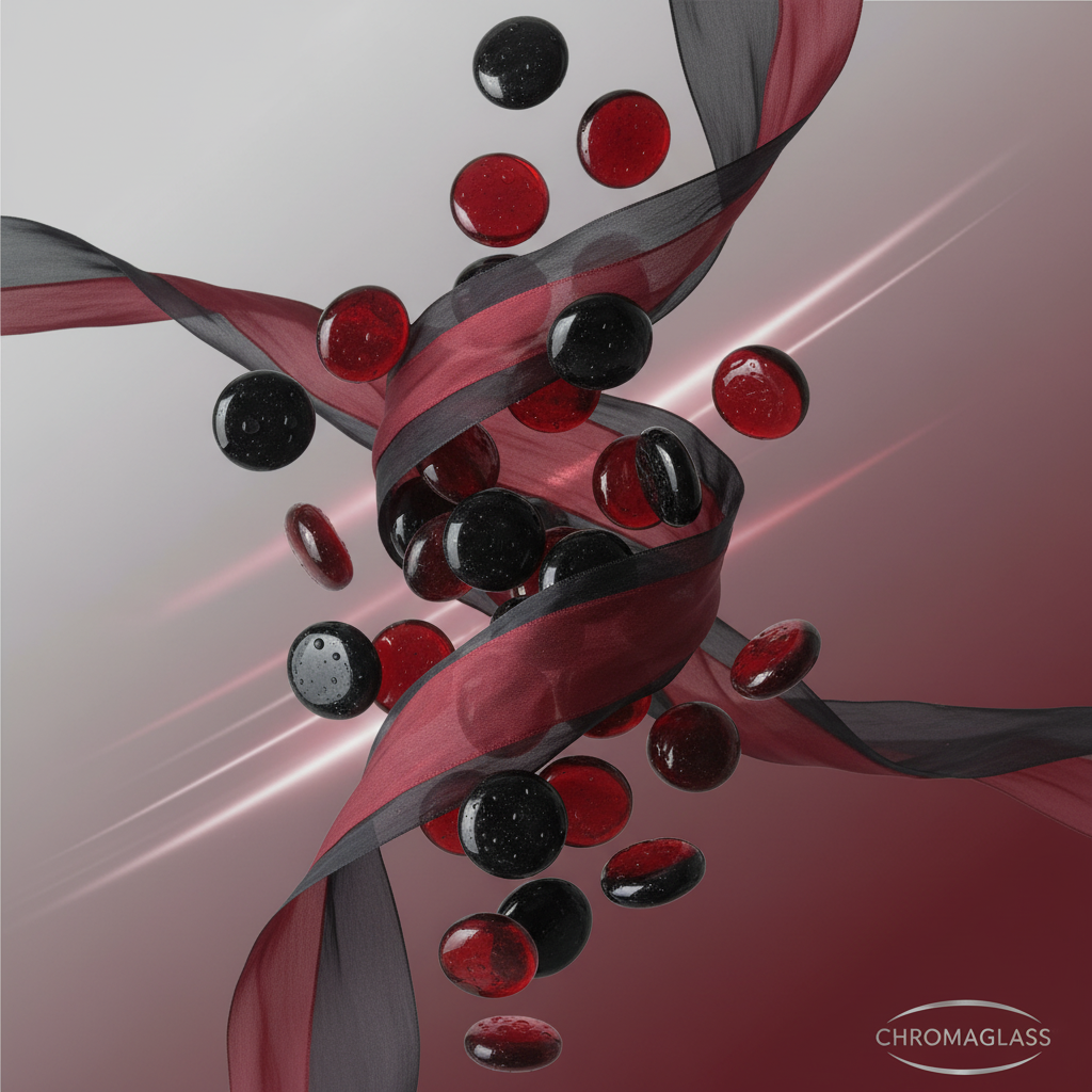 Red and black glass pebbles with glossy finish floating around flowing red and black fabric