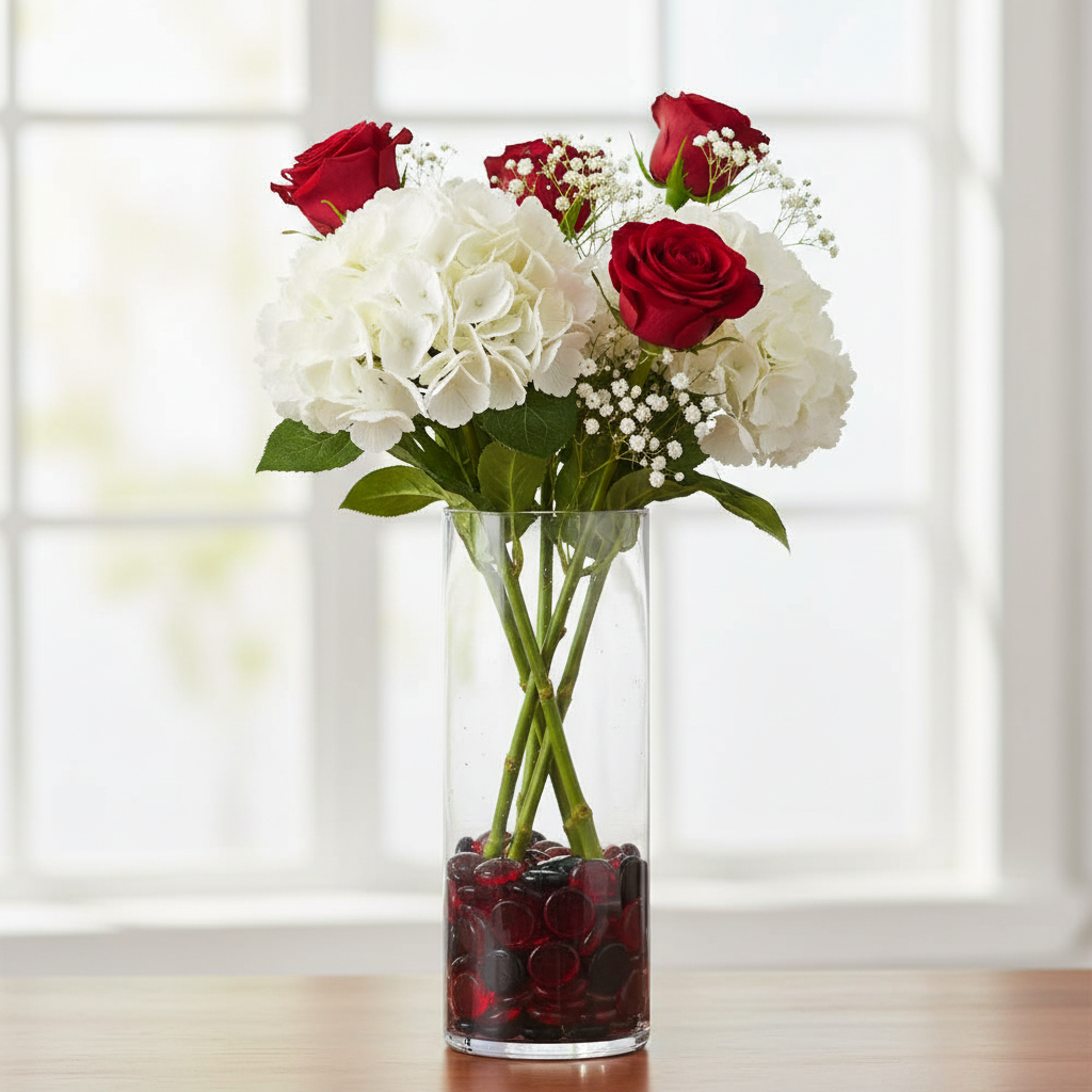 Clear glass vase with red and black glass pebbles holding white hydrangeas and red roses bouquet